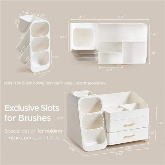 Makeup Organizer with Brush Holder Vanity Skincare Storage Drawers White - Picture 3 of 7